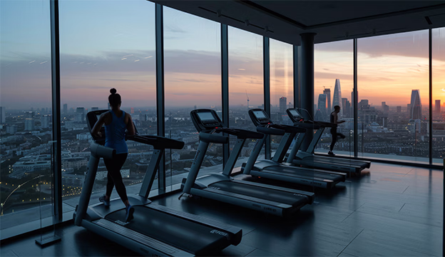 Living at Duville AVIRA: A Fitness Routine Above the City Rooftop gym at Duville AVIRA featuring modern fitness equipment and city views